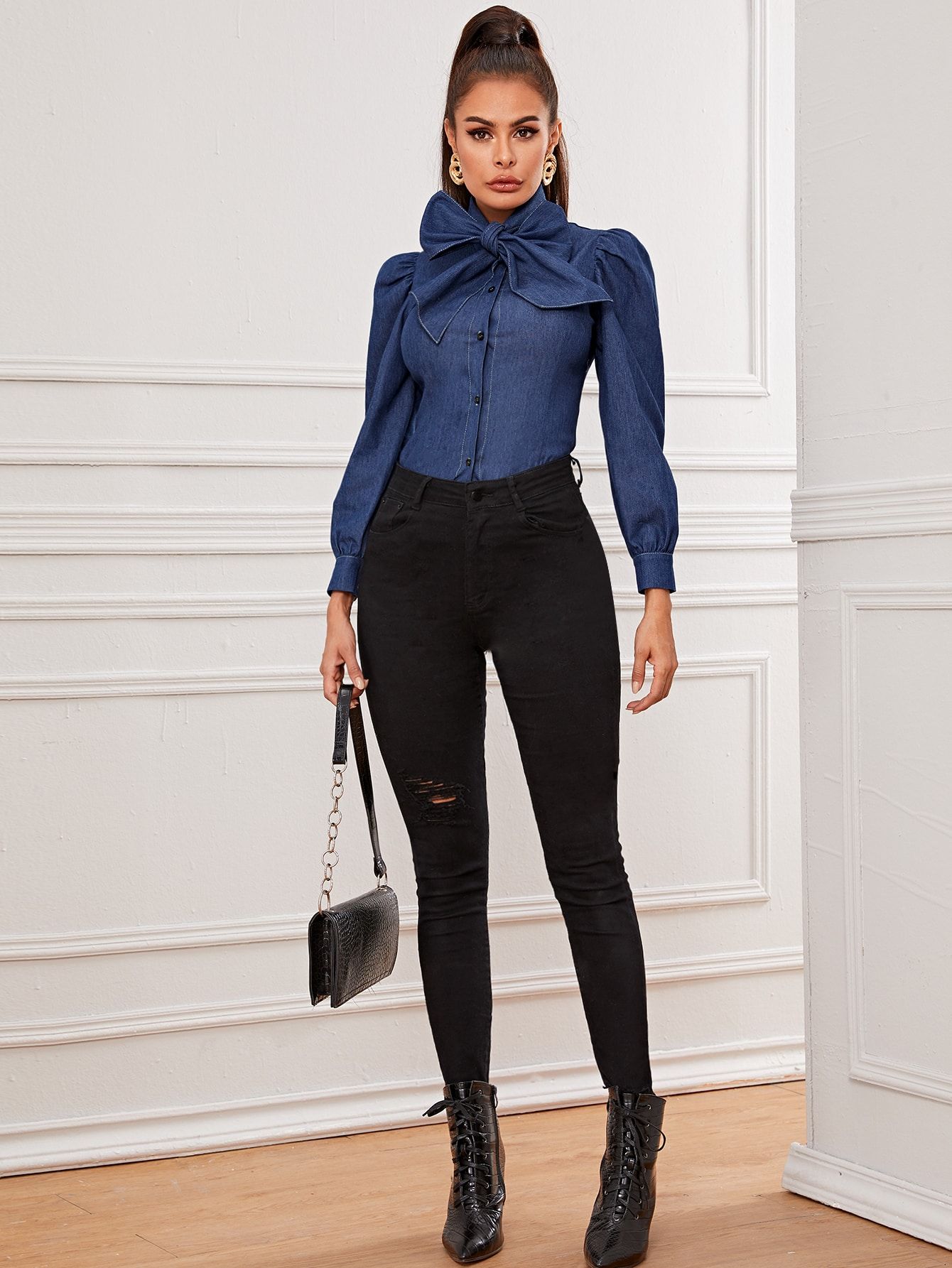 Bow Tie Neck Button Front Denim Blouse | SHEIN