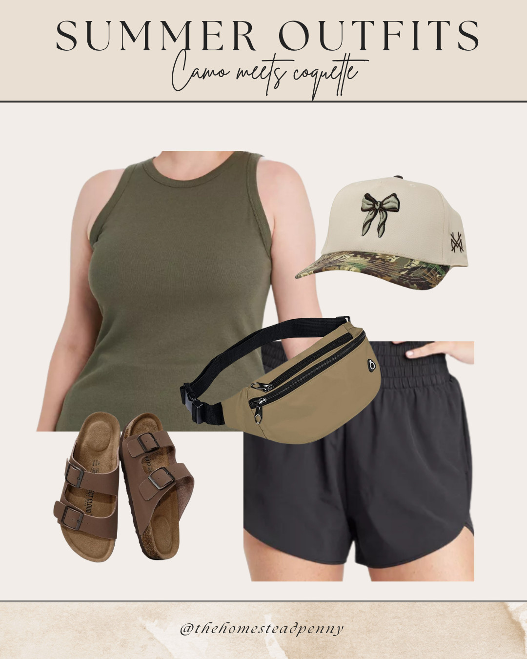 This simple summer outfit roundup includes breathable tanks, lightweight shorts, and mom-approved sandals — all perfect for busy days at home, backyard play, or running errands. Featuring a cute camo trucker hat with a coquette bow (a fun mix of rugged + feminine). 

 #LTKActive #LTKMidsize