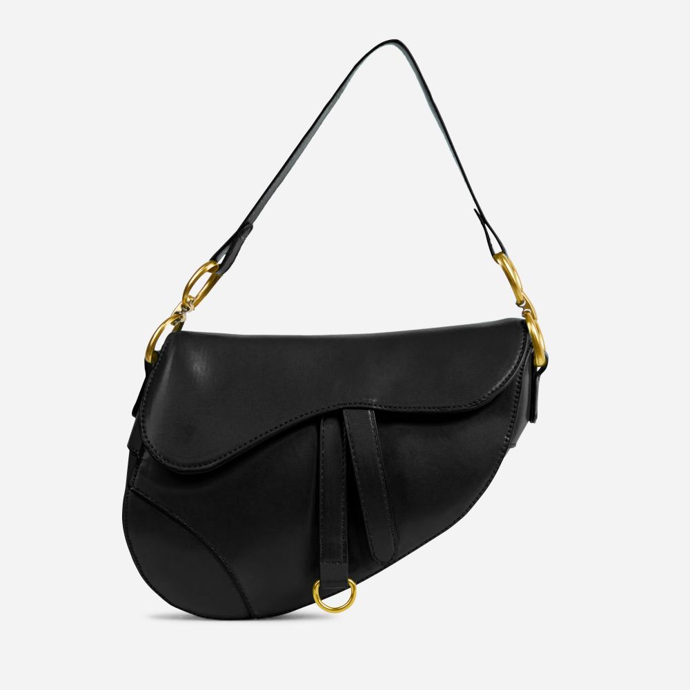 Issy Ring Detail Shaped Cross Body Saddle Bag In Black Faux Leather | Ego Shoes (UK)