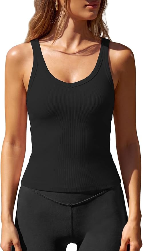 Darong Womens V Neck Tank Tops with Built in Bras Ribbed Sleeless Shirts | Amazon (US)