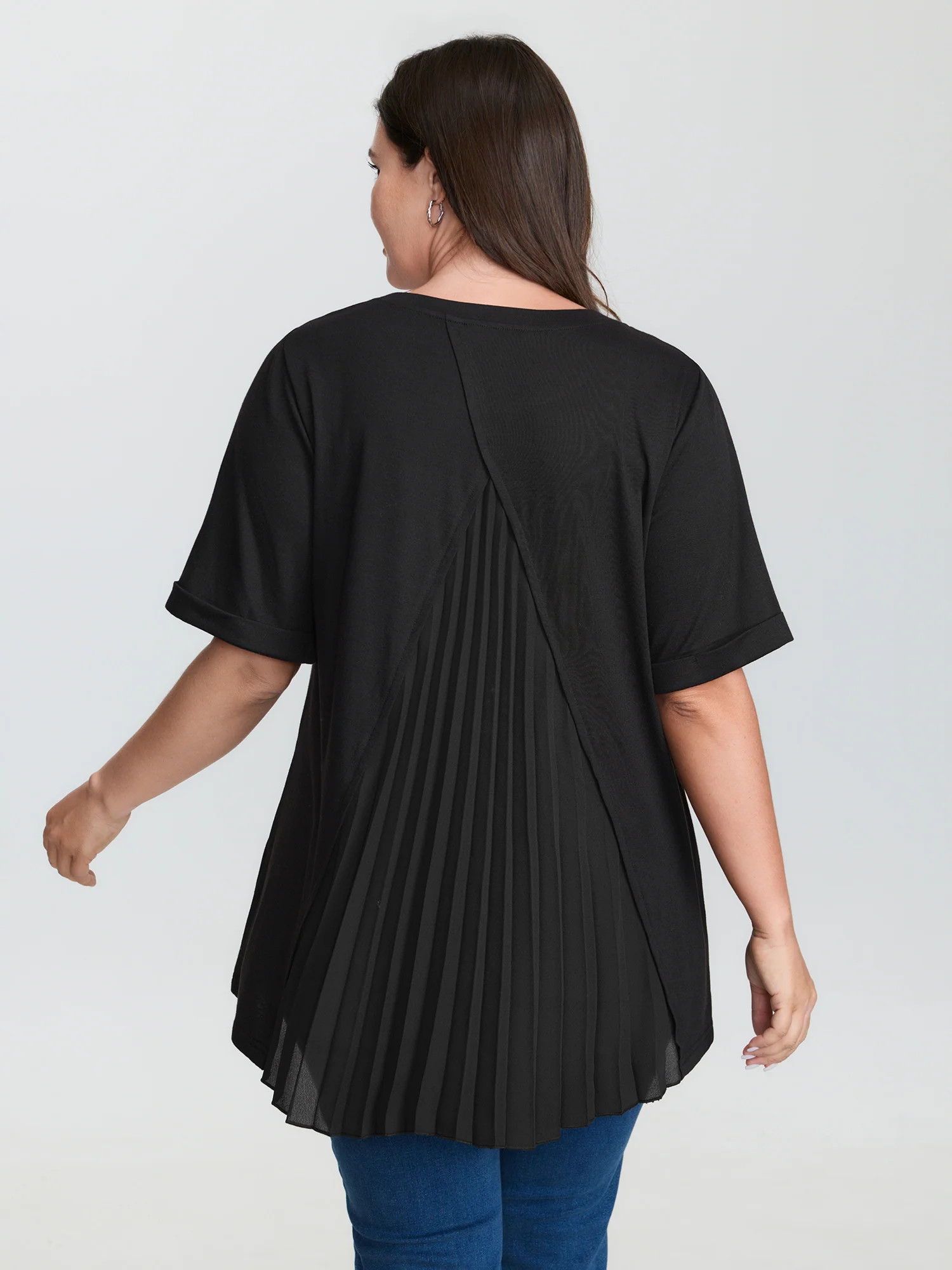 Stretchy Round Neck Rolled Cuff Sleeve T-Shirt | Bloomchic