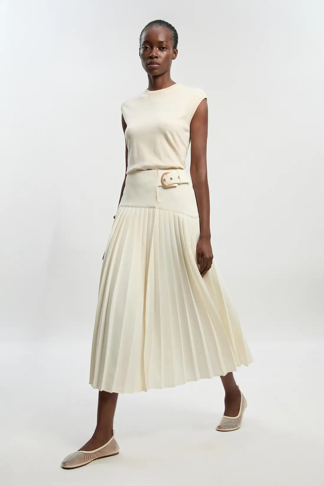 Petite Tailored Crepe Pleated Wrap Buckle Detail Maxi Skirt | Karen Millen