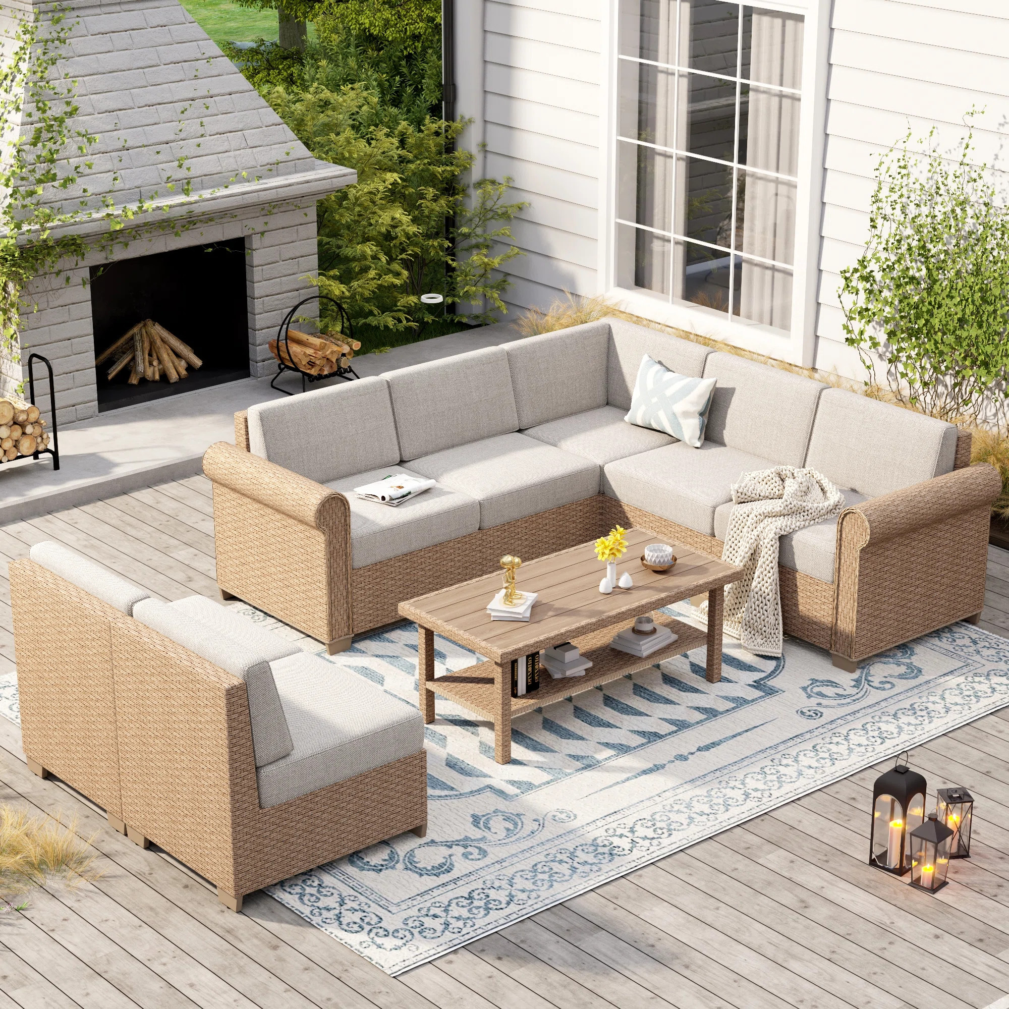 L Shape 7-seat Outdoor Conversation Sofa Set With Rattan | Wayfair North America