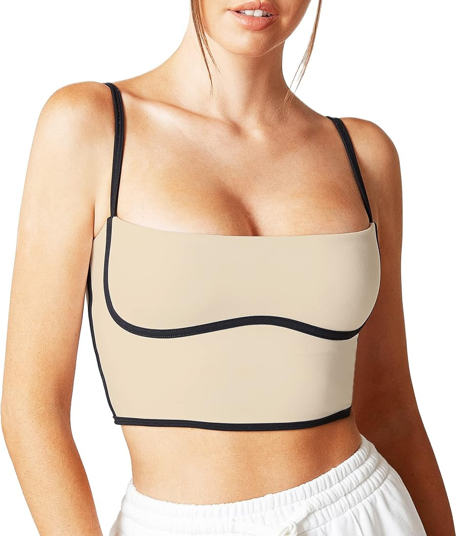 Move With You Sleeveless Spaghetti Strap Padded Sports Bra Tank Tops Square Neck Double Layer Wor... | Amazon (US)