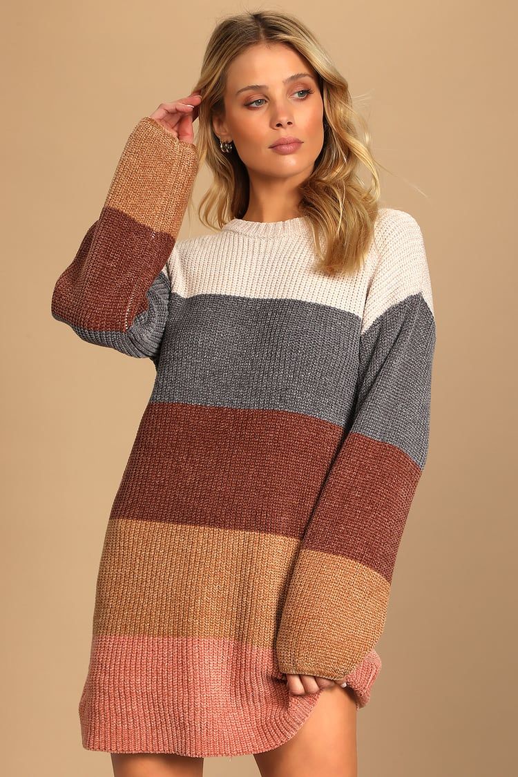 Colors of Autumn Beige Multi Striped Chenille Knit Sweater Dress | Lulus