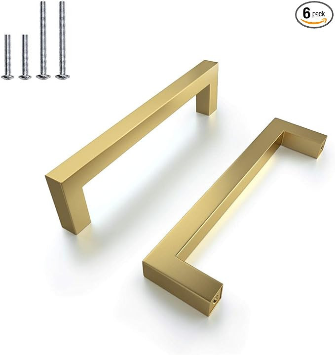 6Pack|5'' Cabinet Handles Brushed Brass Square Drawer Handle Polished Gold,Stainless Steel Brass ... | Amazon (US)
