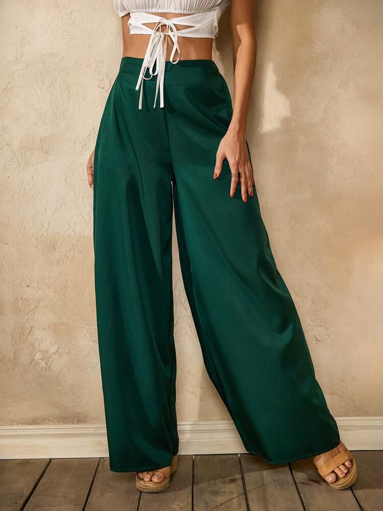 Solid Elastic Waist Wide Leg Pants | SHEIN