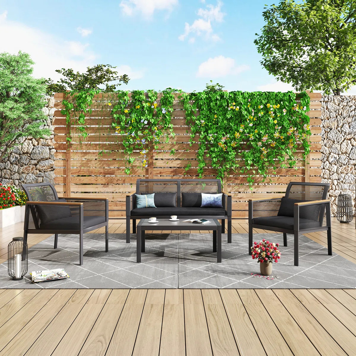 Atila 4-Person Outdoor Seating Group Wicker Patio Conversation Sets with Cushions | Wayfair North America