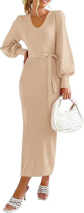 PRETTYGARDEN Women's 2023 Fall Knit Pullover Sweater Elegant Long Lantern Sleeve V Neck Maxi Dres... | Amazon (US)