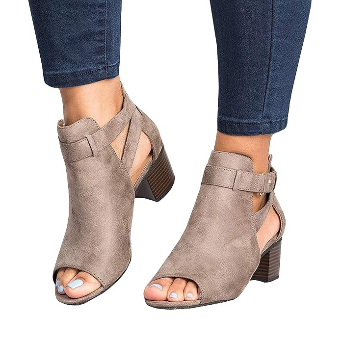 FISACE Womens Open Peep Toe Side Cut Out Low Wedge Sandal Ankle Buckle Suede Ankle Bootie Shoes | Amazon (US)