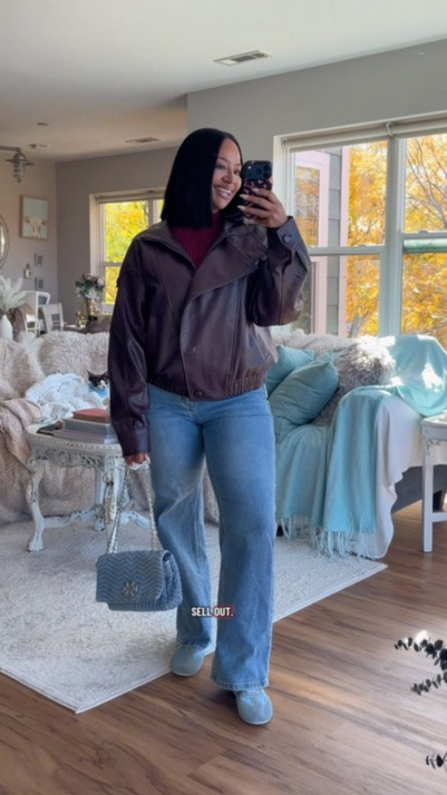 Look for less! This faux leather stand collar bomber jacket looks just like the viral designer one but for wayyyyy less! Comes in multiple colors and has a cozy oversized fit for your fall outfits  🤎

WHERE TO WEAR IT: Brewery, winery, dinner and drinks, errands, date night 
STRETCH: No
TRUE TO SIZE: Yes
OVERALL FIT: Oversized
PETITE FRIENDLY: Yes

Sizing ⬇️
5’3 
Bust: 32DD
Waist: 27”
Hips: 42”
Wearing Size M

Make sure you download the ✨FREE✨ LTK app and follow me @heyrissyrozay for all my style and beauty finds 🫶🏽

over 40 outfit ideas
petite curvy outfits