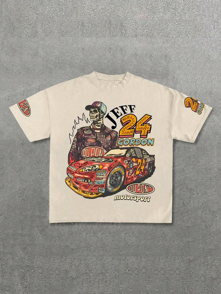 Men Fashion Streetwear Text Graphic Khaki Short Sleeve Loose Racing T-Shirt | SHEIN