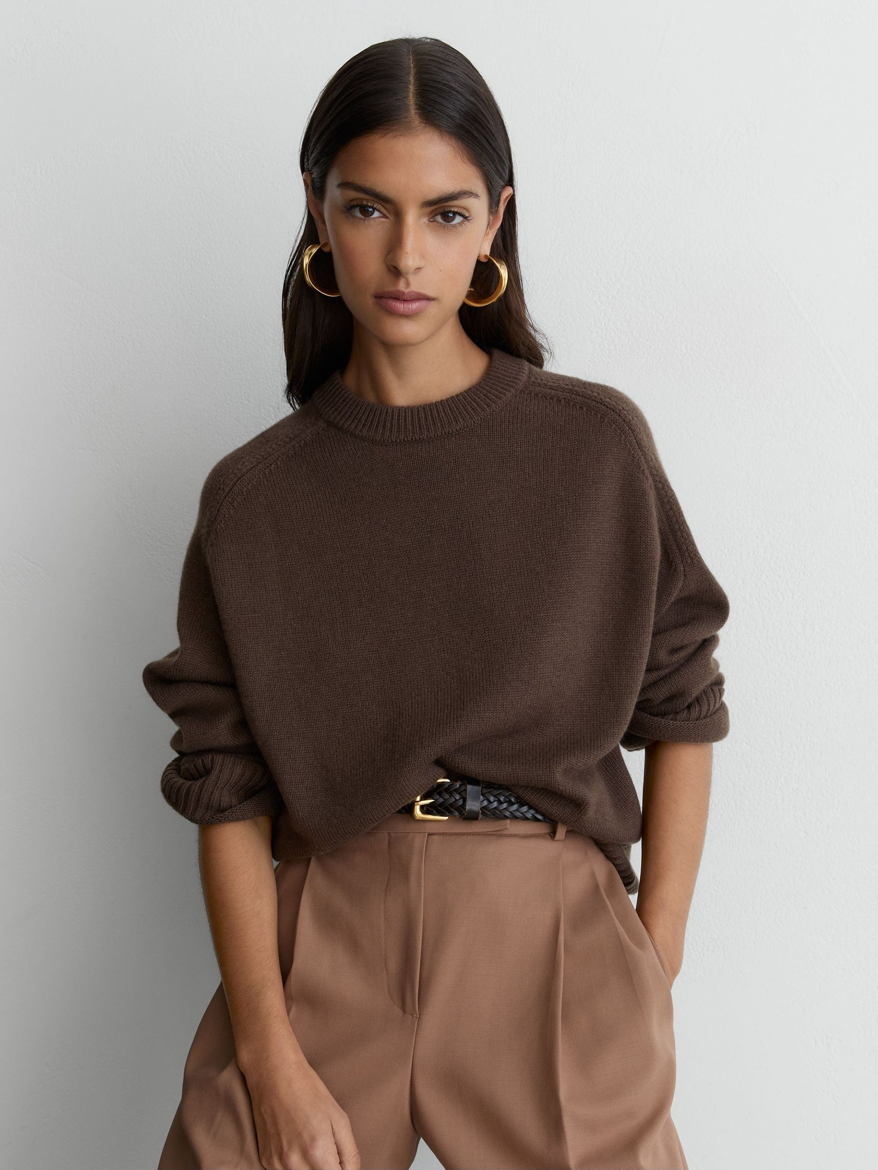 Reiss Wool-Cashmere Crew-Neck Raglan Jumper in Mocha Brown - REISS | Reiss UK