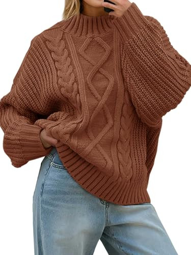 Saodimallsu Womens Oversized Cable Knit Sweaters 2025 Fall Winter Trendy Button Up Turtleneck Chunky Pullover Sweater Tops Brick Red | Amazon (US)