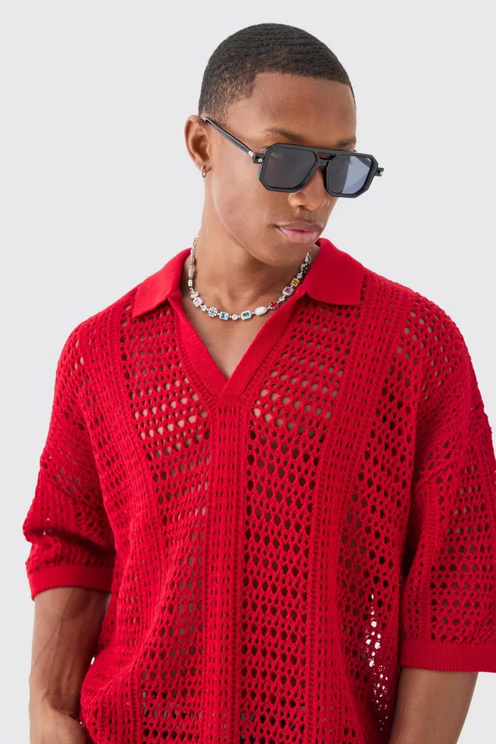 Oversized V Neck Open Stitch Knitted Polo | Boohoo.com (UK & IE)