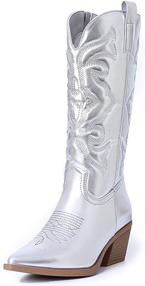 Mattiventon Cowgirl Mid Calf Boots for Women Chunky Mid Heel Western Cowboy Pointed Toe Boots | Amazon (US)