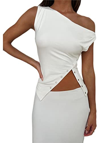 Hafailia Asymmetrical Tops for Women - Sexy Off The Shoulder Crop Tank Button Down Shirts Summer Y2K Cut Out Tees White L | Amazon (US)