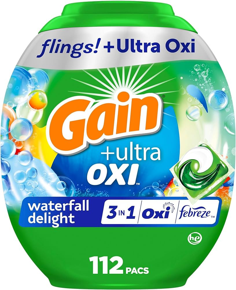 Gain Flings Ultra Oxi Laundry Detergent Pacs, 112 Count, Waterfall Delight Scent, with Odor Defen... | Amazon (US)