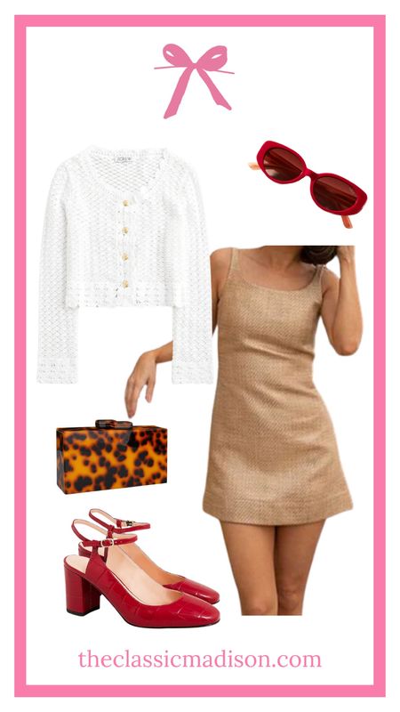 Retro mini dress, red sunglasses, white crochet cardigan, tortoiseshell clutch 