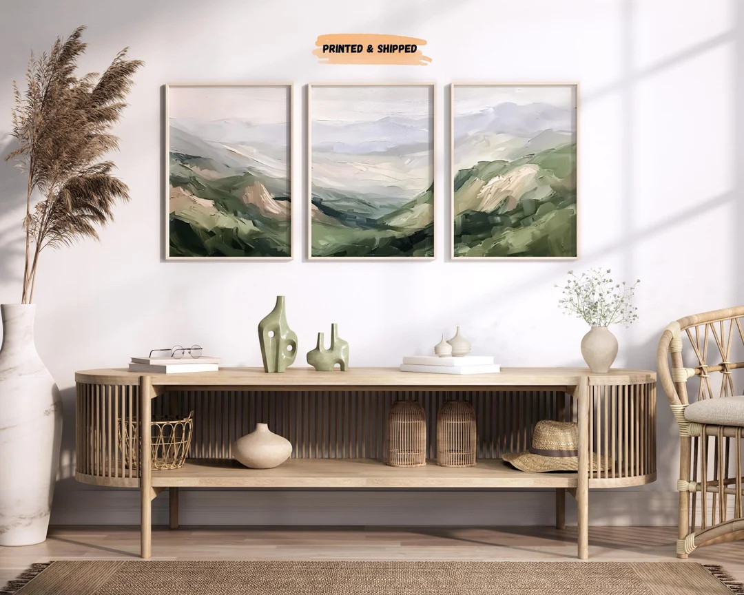 Lakelzdecor Sage Green Mountain Nursery Decor Prints, Set of 3, Forest Watercolor Art, Tree Abstr... | Etsy (US)