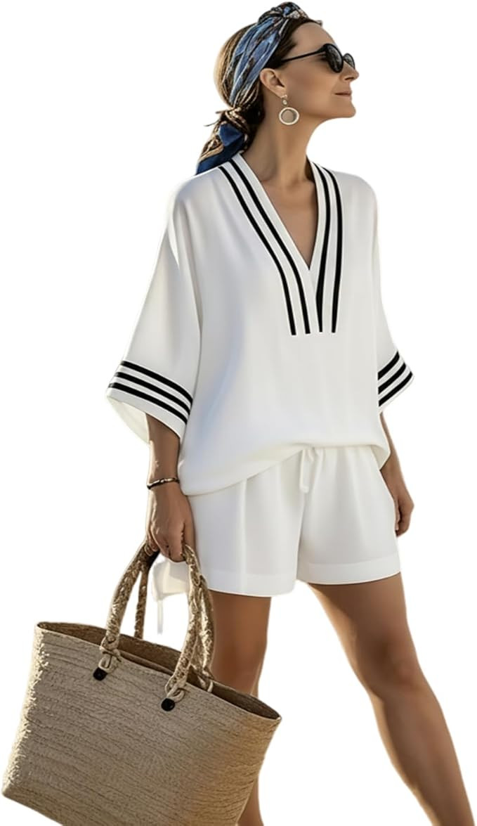 Akivide Women's 2026 Summer Boho 2 Piece Linen Vacation Outfits Loose V Neck Top Elastic Waist Ca... | Amazon (US)