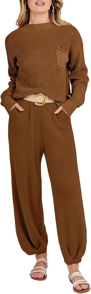 MEROKEETY Women's 2 Piece Outfits Sweater Set Long Sleeve Knit Pullover High Waist Pants Lounge S... | Amazon (US)
