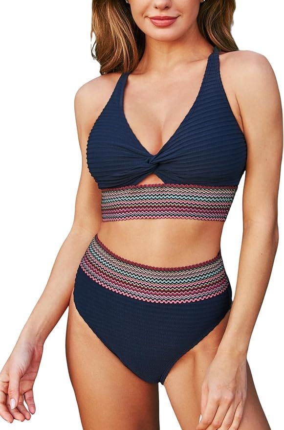 CUPSHE Women's Bikini Sets Two Piece Bathing Suit High Waisted Twist Cutout V Neck Swimsuit Keyho... | Amazon (US)
