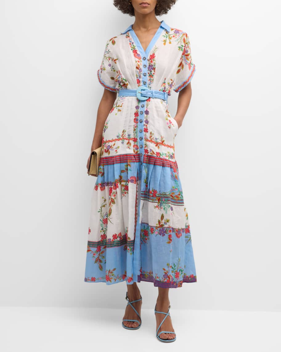 Saloni Riya-B Belted Floral Linen Maxi Shirt Dress | Neiman Marcus