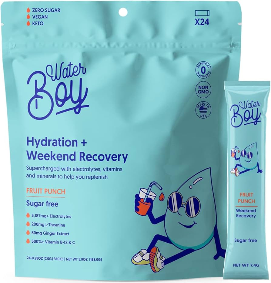 Waterboy Weekend Recovery | 3,187mg Electrolyte Powder Packets | Ginger + L-Theanine + Vitamins |... | Amazon (US)