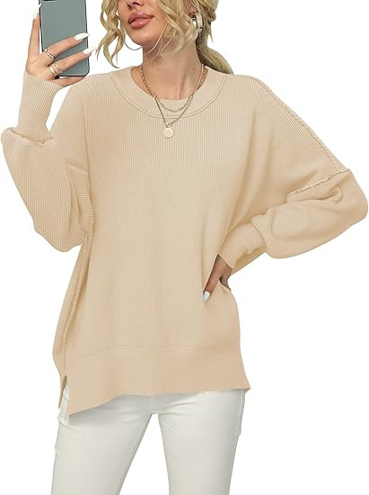 ANRABESS Women Crewneck Batwing Sleeve Oversized Side Slit Ribbed Knit Pullover Sweater Top | Amazon (US)