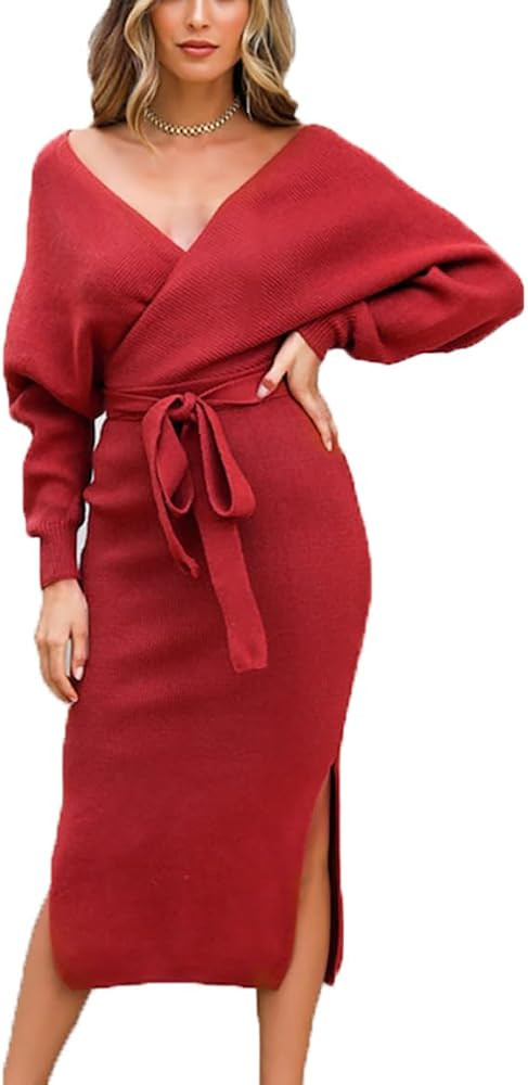 Women's Long Maxi Sweater Dresses Wrap Batwing V Neck Slit Open Back Bodycon Dress with Belt | Amazon (US)