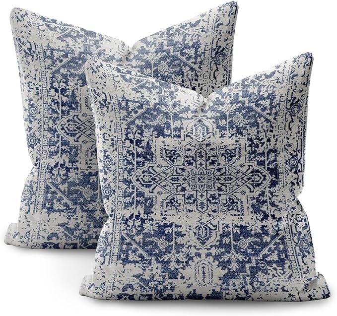 Boho Pillow Covers 18x18 Set of 2,Blue Throw Pillow Covers Outdoor Decorative Linen Pillow Covers... | Amazon (US)