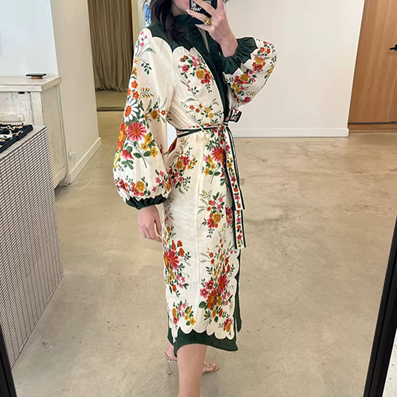 Casual Bohemian Dress Fashion Floral Print Single Breasted Shirt Dress Ladies Standing Collar Lac... | AliExpress (US)