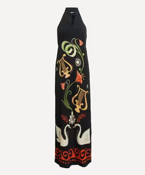 Jacquetta Black Cygnus and Lyra Print Halterneck Maxi-Dress | Liberty London (UK)