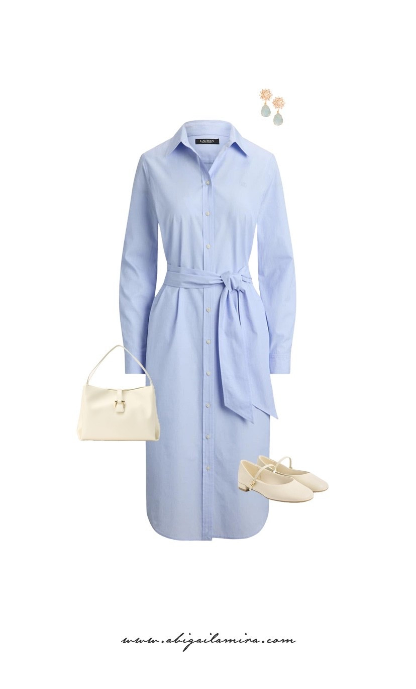 WHAT I'M WEARING WEDNESDAY 04/22/2026
This look is all about understated elegance with a fresh, polished feel. A soft blue shirt dress creates a clean, tailored silhouette, cinched at the waist for just the right amount of structure. Paired with delicate accessories and neutral flats, it’s the kind of effortless outfit that works for everything from daytime errands to casual lunches—simple, refined, and endlessly versatile.

#LTKMothersDay #LTKootd #LTKgrwm