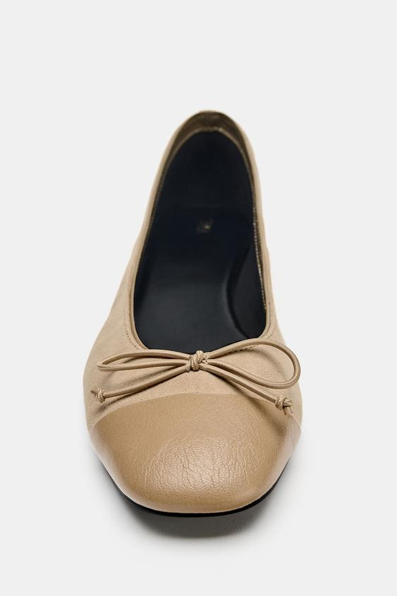 Zara - Contrast Leather Ballet Flats - Beige - 3 - Woman | Zara UK