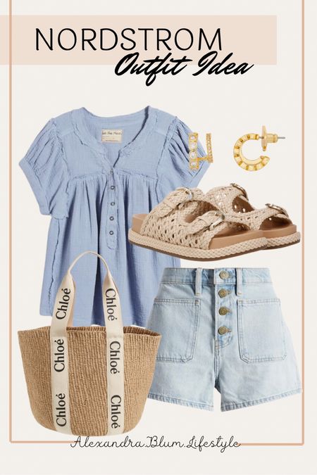 Cute summer outfit idea from Nordstrom! Peplum top, Jean shorts, straw tote bag, sandals, and gold hoops! Casual outfit idea! 

#LTKFindsUnder100 #LTKShoeCrush #LTKStyleTip