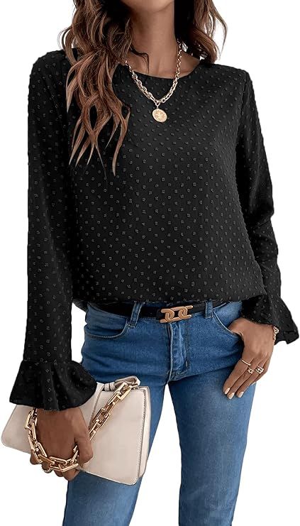 SweatyRocks Women's Swiss Dot Flounce Long Sleeve Blouse Round Neck Ruffle Trim Chiffon Shirt Top... | Amazon (US)