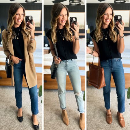 Fall Capsule Wardrobe 

Sweater - small
Dark wash jeans - 26 long 
Sweater blazer - small 
Light wash jeans - 26 long 
All shoes are tts 
