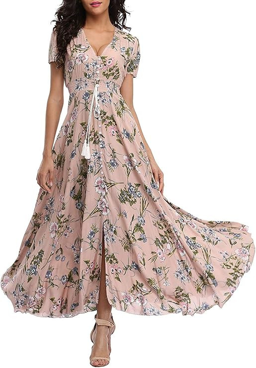 VintageClothing Women's Floral Maxi Dresses Boho Button Up Split Beach Party Dress | Amazon (US)