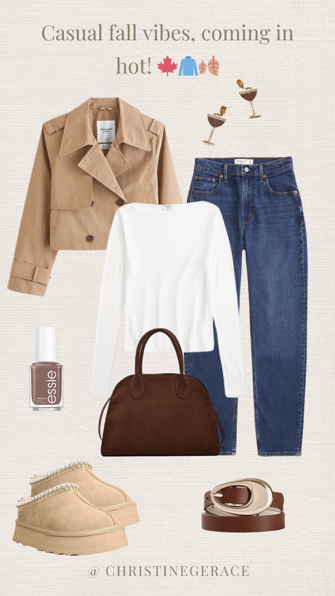 Casual fall outfit ! Abercrombie denim, cropped trench coat, boots, espresso earrings, suede purse, neutral nail polish, belt 

#LTKSeasonal #LTKFallSale #LTKFindsUnder50