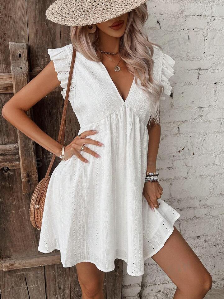 SHEIN Frenchy Eyelet Embroidery Ruffle Trim Smock Dress | SHEIN