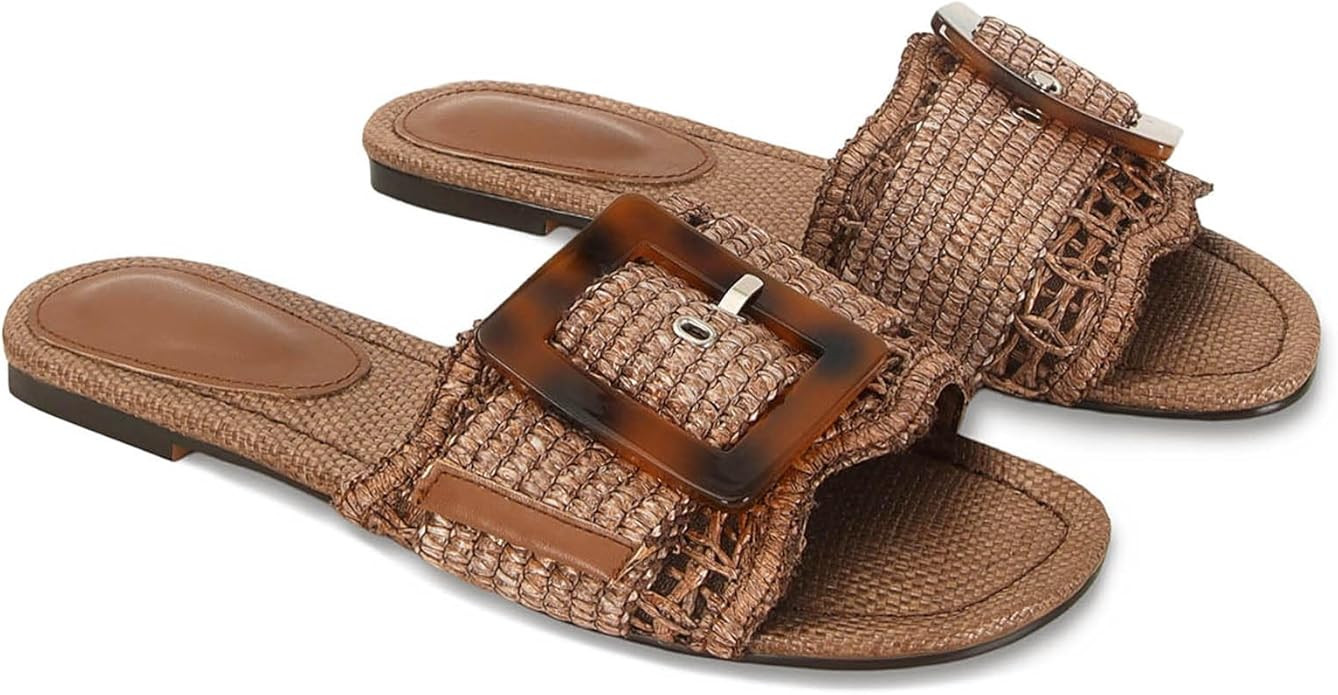 ZJGZF Raffia Sandals for Women Buckle Straw flats Woven Braided Rattan Slides Summer Beach Sandal... | Amazon (US)