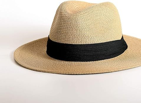 Womens Wide Brim Straw Panama Hat Fedora Summer Beach Sun Hat UPF Straw Hat for Women (Dark Khaki... | Amazon (US)