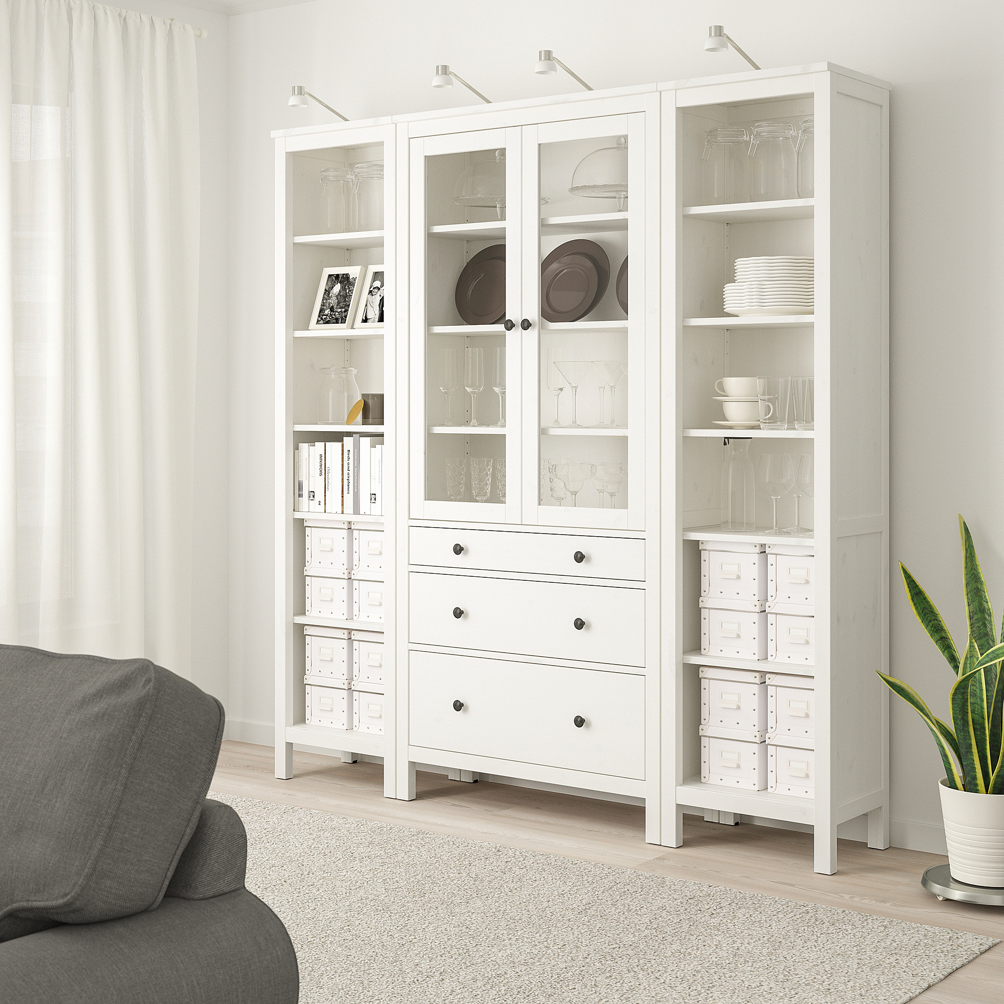 HEMNES Storage combination w doors/drawers, white stain/clear glass, 74x77 1/2 " | IKEA US