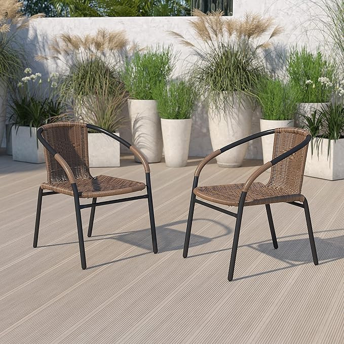 EMMA + OLIVER 2 Pack Medium Brown Rattan Indoor-Outdoor Restaurant Stack Chair | Amazon (US)