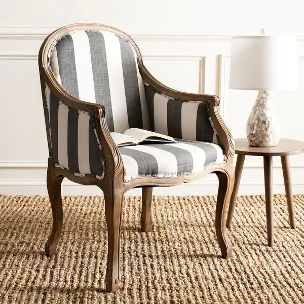 SAFAVIEH Old World Dining Esther Grey/ Off-White Stripe Arm Chair - 25.2" x 26.4" x 37.4" - Overs... | Bed Bath & Beyond