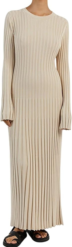 Meladyan Women Long Sleeve Ribbed Knit Pleated Maxi Dress Bodycon Crew Neck Ruched Slim Fit Fall ... | Amazon (US)