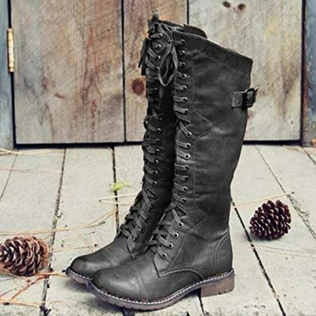 symoid Womens Mid Calf Boots- Retro Lace Up Boots for Round Toe Low Heel Knee High Combat Boots Blac | Walmart (US)
