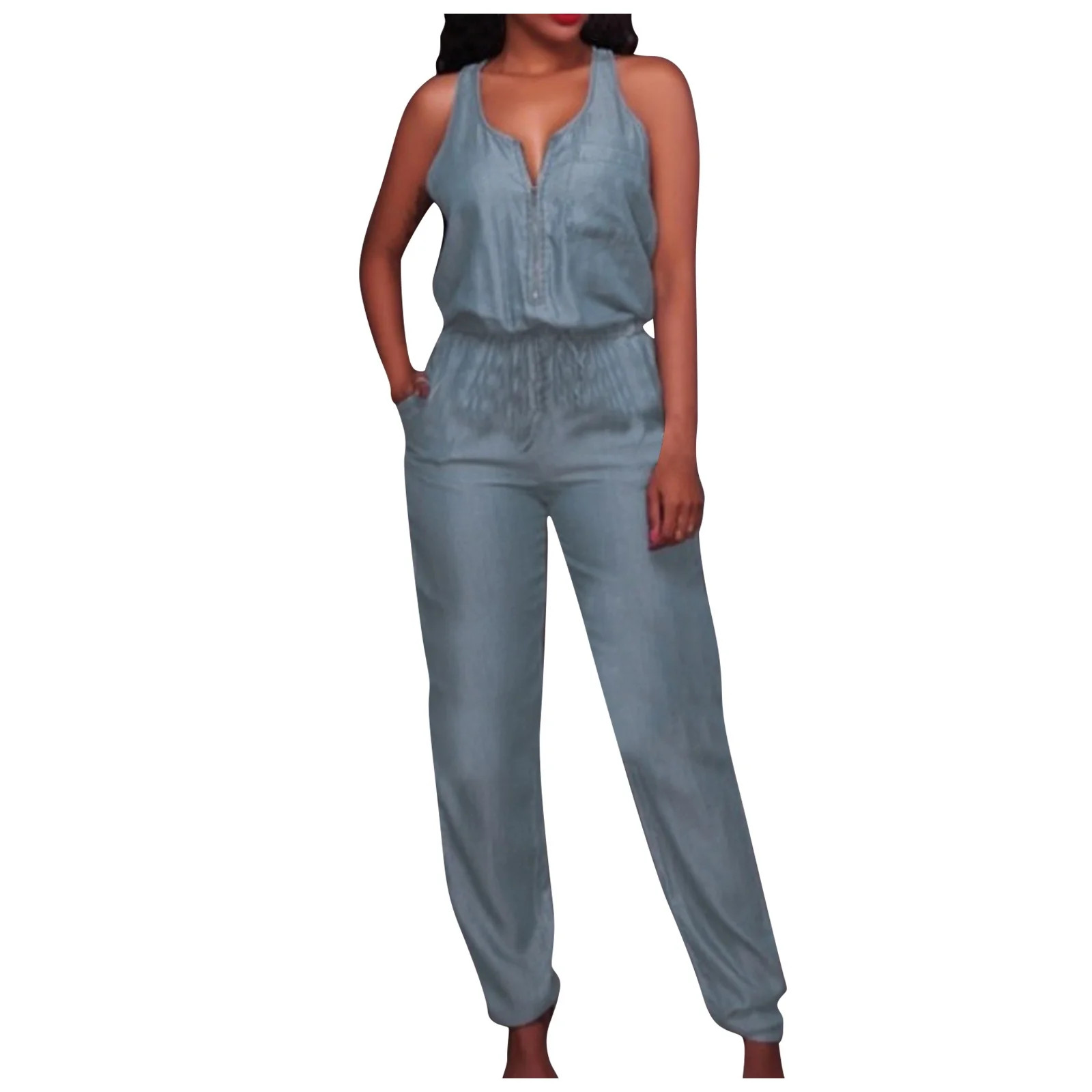 Women's V Neck Zipper Denim Jumpsuit Sleeveless Elastic Waist Drawstring Loose Long Leg Jumpsuit ... | Walmart (US)